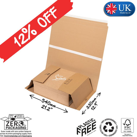 Cardboard box with dimensions and sustainability labels on a white background