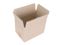 An open brown cardboard box with flaps raised, shown on a plain white background.