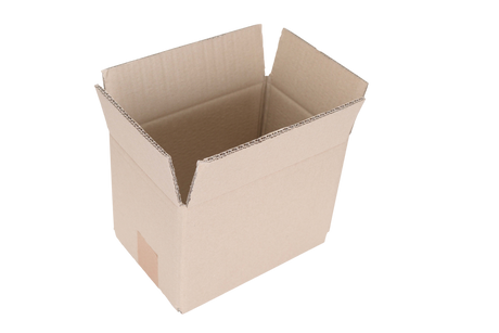 An open brown cardboard box with flaps raised, shown on a plain white background.