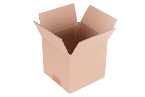 An open brown cardboard box with flaps raised, shown on a plain white background.