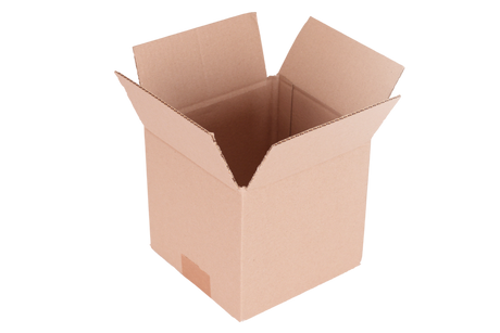 An open brown cardboard box with flaps raised, shown on a plain white background.