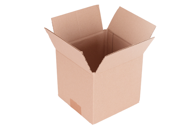An open brown cardboard box with flaps raised, shown on a plain white background.