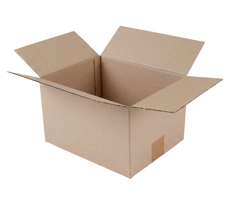 An open brown cardboard box with flaps extended, shown on a plain white background.