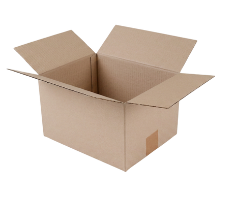 An open brown cardboard box with flaps extended, shown on a plain white background.