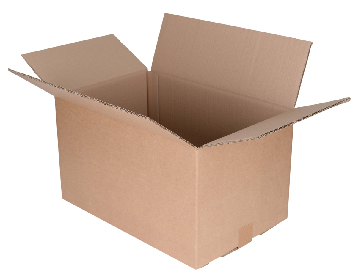 An open brown cardboard shipping box with flaps raised, shown on a plain white background.