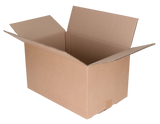 An open brown cardboard shipping box with flaps raised, shown on a plain white background.