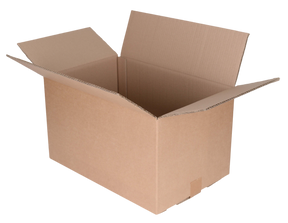 An open brown cardboard shipping box with flaps raised, shown on a plain white background.