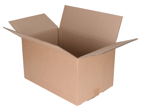 An open brown cardboard shipping box with flaps raised, shown on a plain white background.