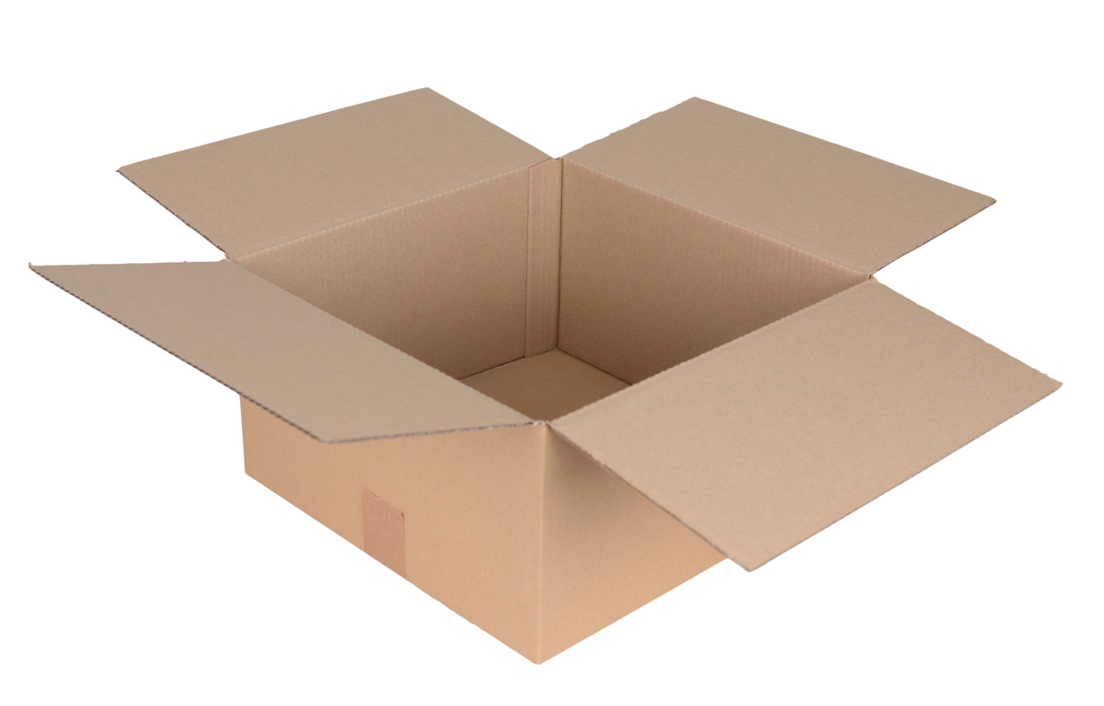 An open brown 305 x 305 x 152mm (12 x 12 x 6") cardboard box with flaps extended, shown on a plain white background. 