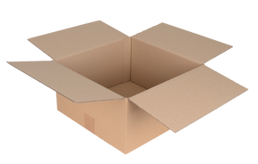 An open brown 305 x 305 x 152mm (12 x 12 x 6") cardboard box with flaps extended, shown on a plain white background. 