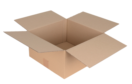 An open brown 305 x 305 x 152mm (12 x 12 x 6") cardboard box with flaps extended, shown on a plain white background. 