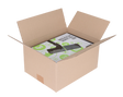 An open brown cardboard shipping box sized 18 x 12 x 12", on a white background, containing a boxed product with visible text and a black rectangular item inside.