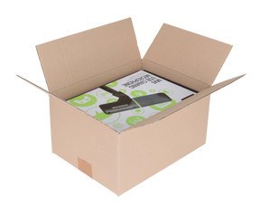 An open brown cardboard shipping box sized 18 x 12 x 12", on a white background, containing a boxed product with visible text and a black rectangular item inside.