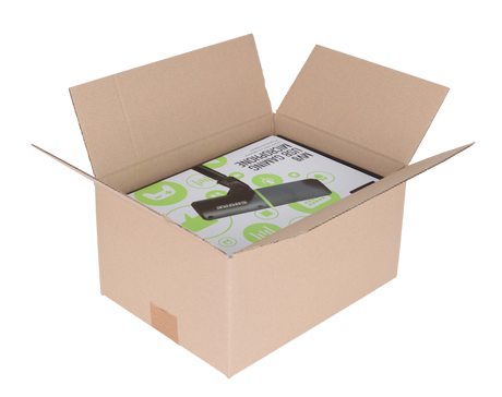 An open brown cardboard shipping box sized 18 x 12 x 12", on a white background, containing a boxed product with visible text and a black rectangular item inside.