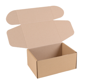 An open brown cardboard shipping box with a hinged lid, shown on a plain white background.