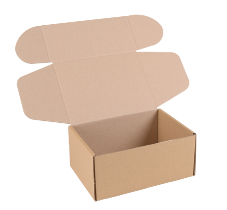 An open brown cardboard shipping box with a hinged lid, shown on a plain white background.