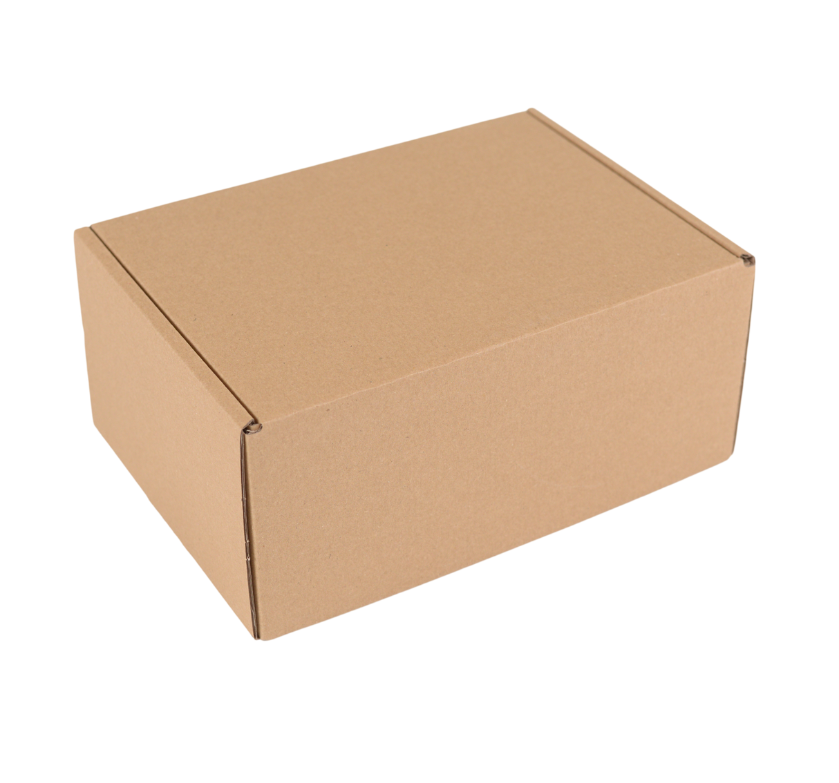 A plain brown cardboard box shown at an angle on a solid white background.
