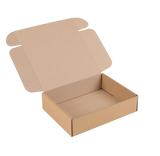 An empty brown cardboard shipping box with its lid open, shown on a solid white background.