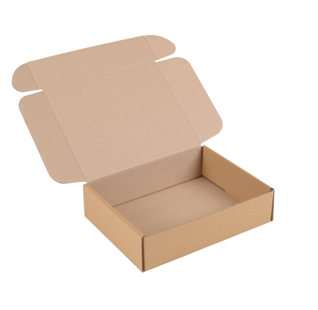 An empty brown cardboard shipping box with its lid open, shown on a solid white background.