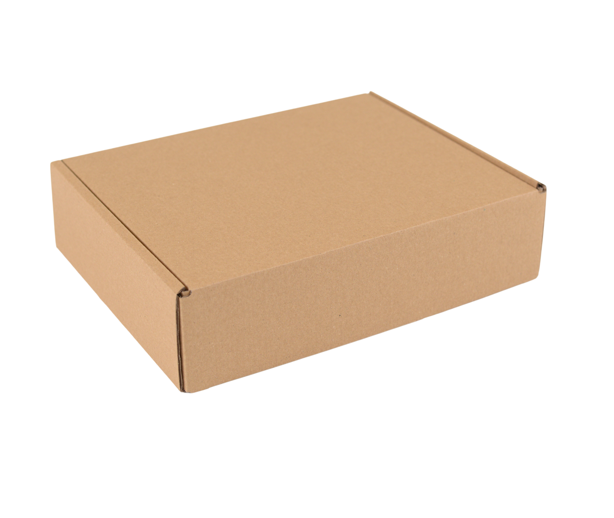 A plain brown cardboard box shown at an angle on a solid white background.