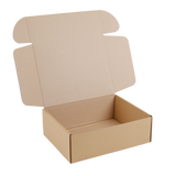 An empty brown cardboard shipping box with its lid open, shown on a solid white background.