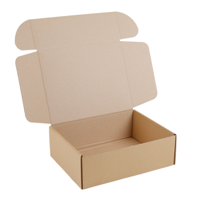 An empty brown cardboard shipping box with its lid open, shown on a solid white background.