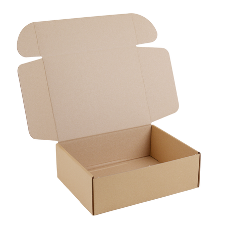 An empty brown cardboard shipping box with its lid open, shown on a solid white background.