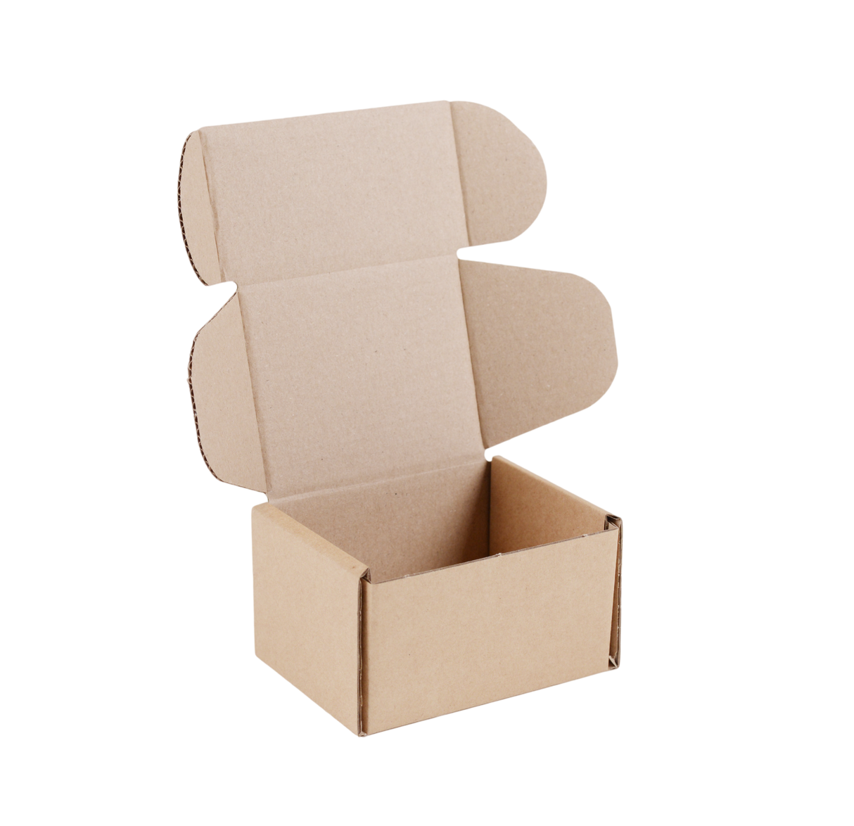 A blank, unbranded brown cardboard shipping box with its hinged lid open, shown on a solid white background.