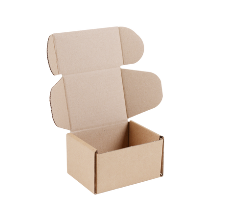 A blank, unbranded brown cardboard shipping box with its hinged lid open, shown on a solid white background.