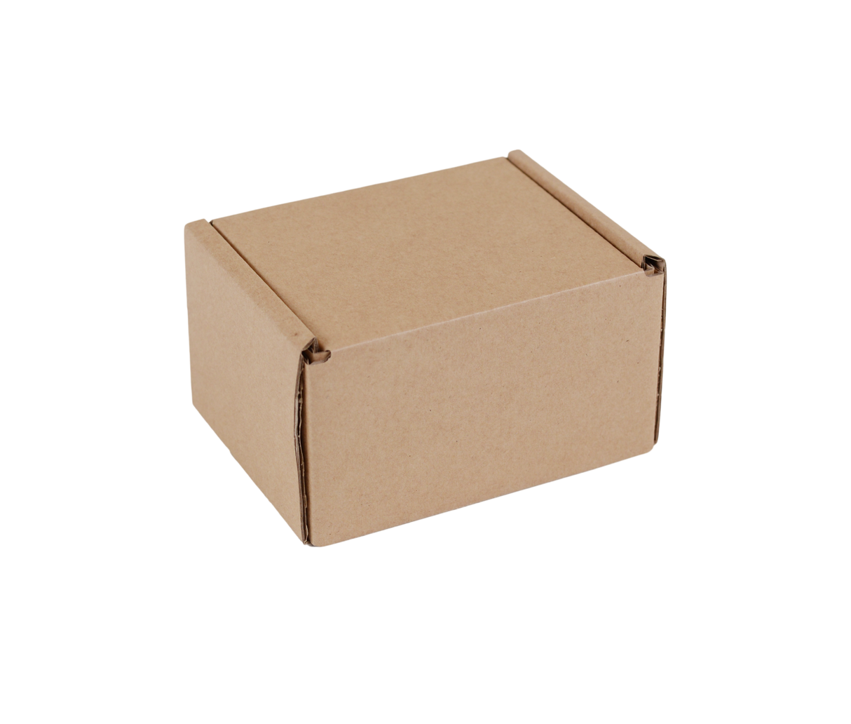 A small brown cardboard box with a hinged lid, shown from an elevated perspective on a solid white background.