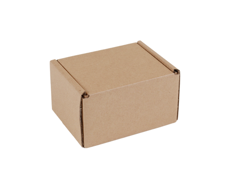 A small brown cardboard box with a hinged lid, shown from an elevated perspective on a solid white background.