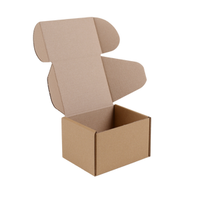 An open brown cardboard shipping box with a hinged lid, shown on a plain white background.