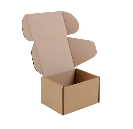 An open brown cardboard shipping box with a hinged lid, shown on a plain white background.