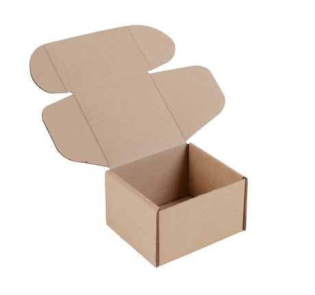 An empty brown cardboard shipping box with its hinged lid open, shown on a plain white background.