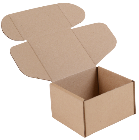An empty brown cardboard shipping box with its hinged lid open, shown on a plain white background.