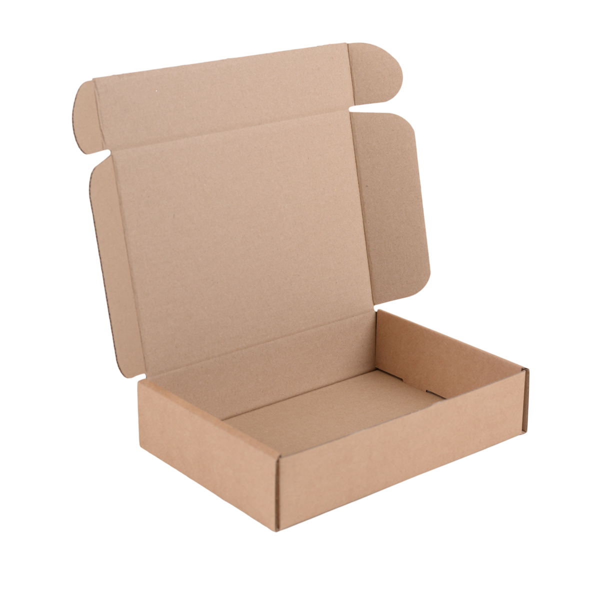 An empty brown cardboard shipping box with its lid open, shown on a solid white background.
