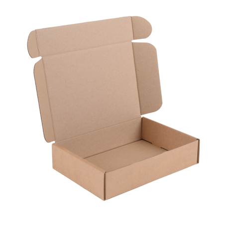 An empty brown cardboard shipping box with its lid open, shown on a solid white background.