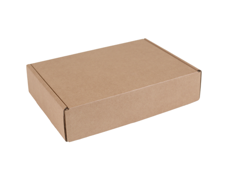 A plain brown a5 c5 cardboard box shown at an angle on a solid white background.