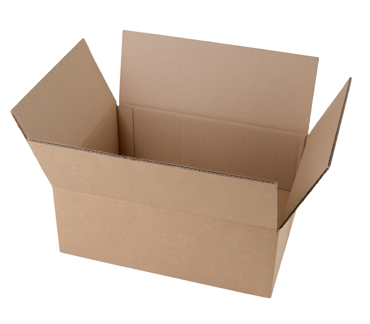 An open brown cardboard box shown on a plain white background.