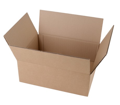 An open brown cardboard box shown on a plain white background.