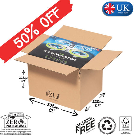 Cardboard box with product packaging, dimensions, and sustainability labels on a white background.