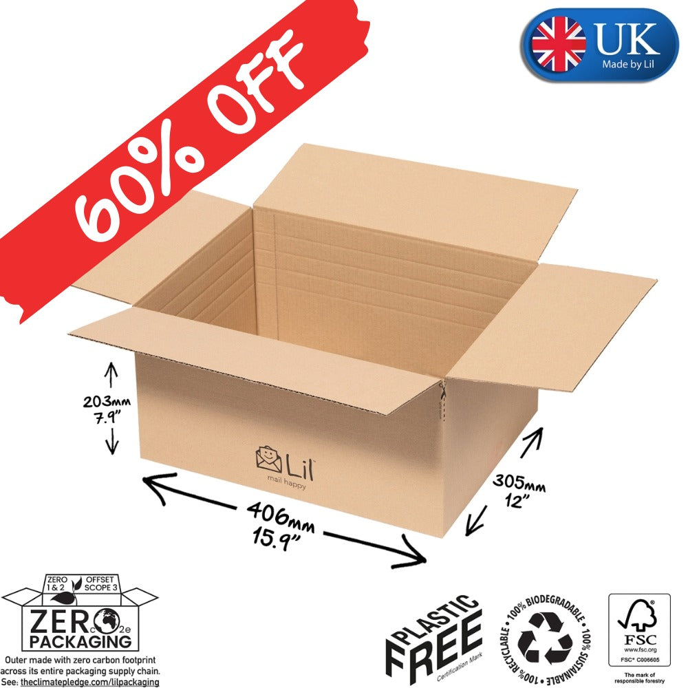 Cardboard box with dimensions and '60% Off' label, made in the UK.