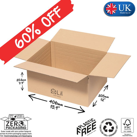 Cardboard box with dimensions and '60% Off' label, made in the UK.