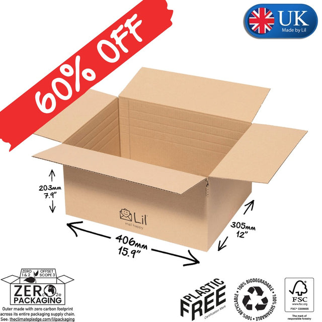 Cardboard box with dimensions and '60% Off' label, made in the UK.