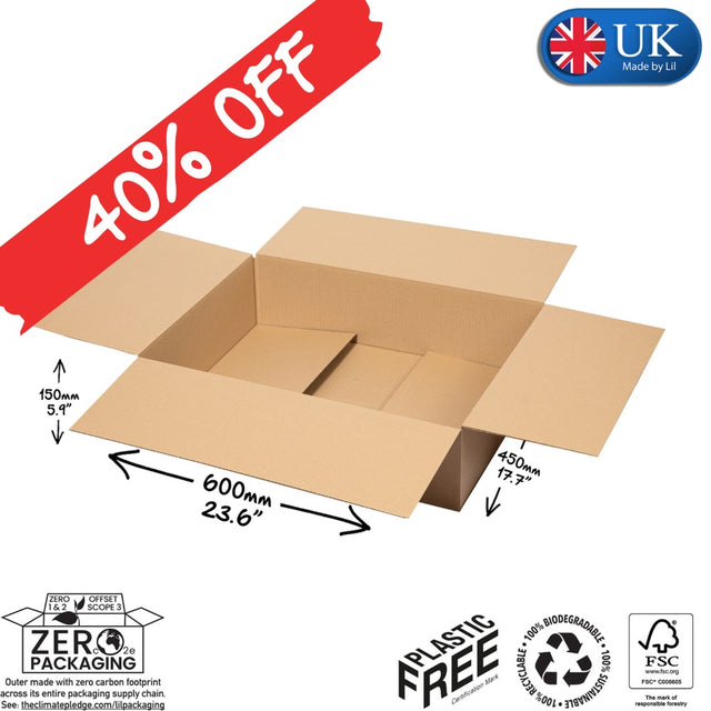 Cardboard box with dimensions and sustainability labels on a white background, featuring a 40% off banner and UK Made by LIL logo.