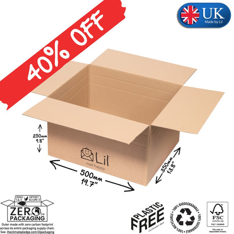 Cardboard box with dimensions and 'Made by Lil' branding, featuring a 40% off banner and UK logo.