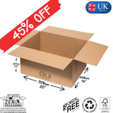 Cardboard box with dimensions and sustainability labels on a white background