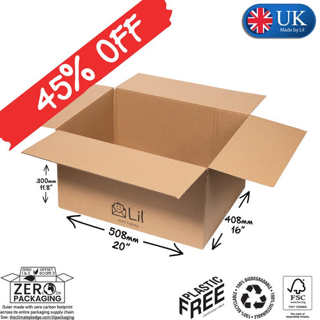 Cardboard box with dimensions and sustainability labels on a white background