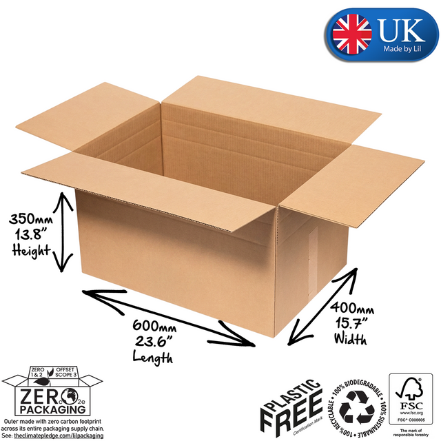 An open brown cardboard box shown on a white background with dimension arrows and labels indicating 350mm height, 600mm length, and 400mm width. Additional badges include a UK Made in UK emblem, Zero Packaging, Plastic Free, and FSC certification icons.