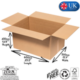An open brown cardboard box shown on a white background with measurement arrows and labels indicating 650mm length, 500mm width, and 350mm height. A UK Made in UK badge appears in the top right, and zero-padding and plastic-free packaging icons appear along the bottom.